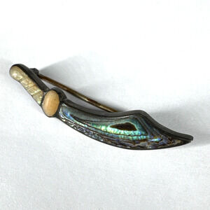 Vintage Sterling Silver Scimitar Sword Pin Brooch Inlay Stone Mother of Pearl